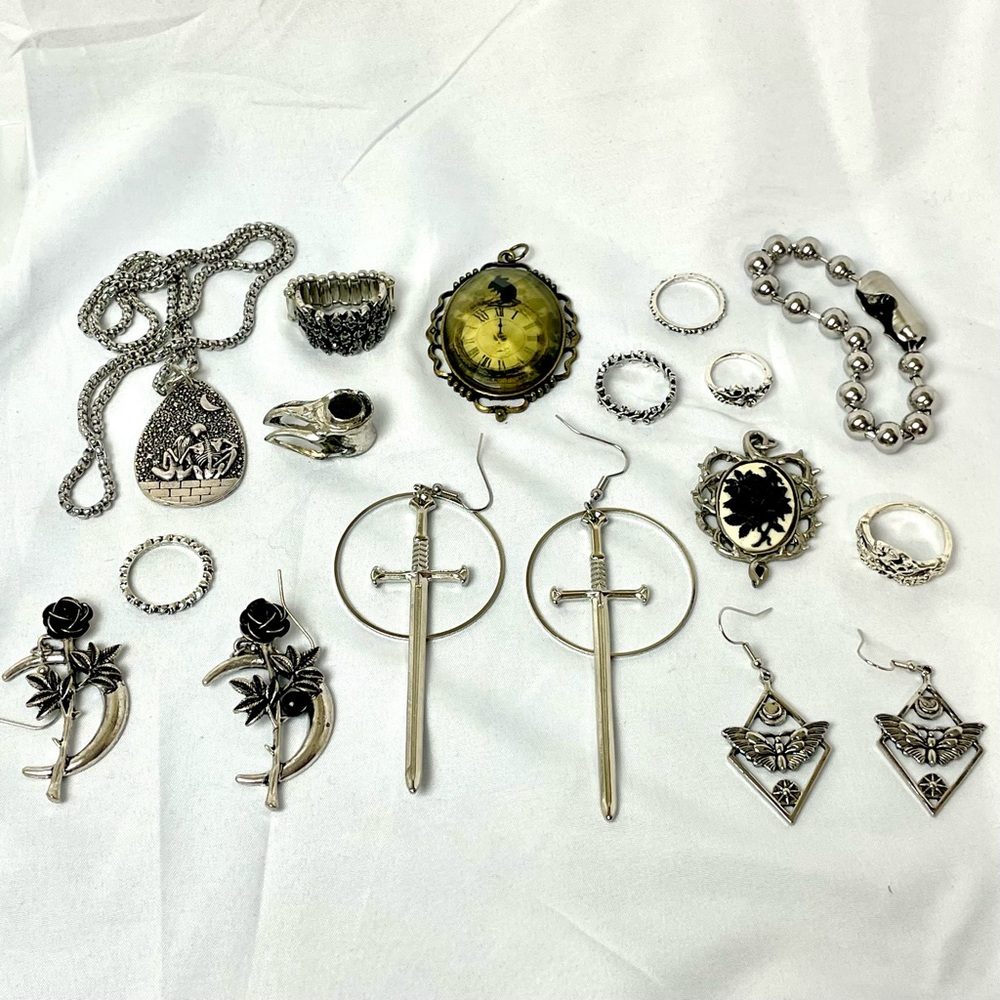 Silver goth jewelry lot costume jewelry bundle punk emo witchy earrings rings